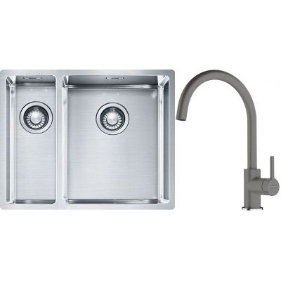 Franke Box BXX 260/160-34-16 zlewozmywak 56x45 cm stalowy z baterią kuchenną Lina kamienny szary (1270369916, 1150626022)