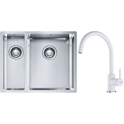 Franke Box BXX 260/160-34-16 zlewozmywak 56x45 cm stalowy z baterią kuchenną Lina biały polarny (1270369916, 1150626024)