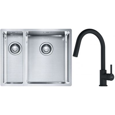 Franke Box BXX 260/160-34-16 zlewozmywak 56x45 cm stalowy z baterią kuchenną Lina czarny mat (1270369916, 1150626053)