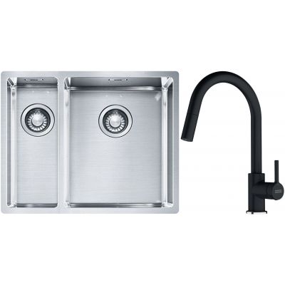 Franke Box BXX 260/160-34-16 zlewozmywak 56x45 cm stalowy z baterią kuchenną Lina onyx (1270369916, 1150626055)