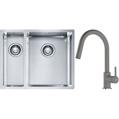 Franke Box BXX 260/160-34-16 zlewozmywak 56x45 cm stalowy z baterią kuchenną Lina kamienny szary (1270369916, 1150626057)