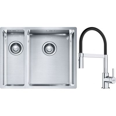 Franke Box BXX 260/160-34-16 zlewozmywak 56x45 cm stalowy z baterią kuchenną Lina chrom/czarny (1270369916, 1150626085)