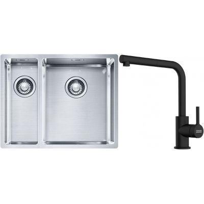 Franke Box BXX 260/160-34-16 zlewozmywak 56x45 cm stalowy z baterią kuchenną Lina czarny mat (1270369916, 1150712435)