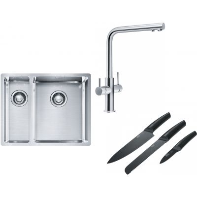Franke Box BXX 260/160-34-16 zlewozmywak 56x45 cm stalowy z baterią kuchenną Neptune Clear Water chrom i zestawem noży kuchennych (1270369916, 1150370689, 1120545792)