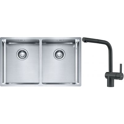 Franke Box BXX 220/120 34-34 zlewozmywak 74x45 cm stalowy z baterią kuchenną Atlas czarna stal szlachetna (1270370188, 1150550427)