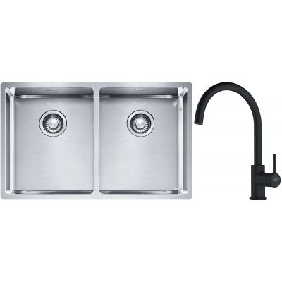 Franke Box BXX 220/120 34-34 zlewozmywak 74x45 cm stalowy z baterią kuchenną Lina czarny mat (1270370188, 1150626019)