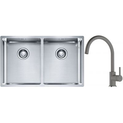Franke Box BXX 220/120 34-34 zlewozmywak 74x45 cm stalowy z baterią kuchenną Lina kamienny szary (1270370188, 1150626022)