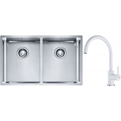 Franke Box BXX 220/120 34-34 zlewozmywak 74x45 cm stalowy z baterią kuchenną Lina biały polarny (1270370188, 1150626024)