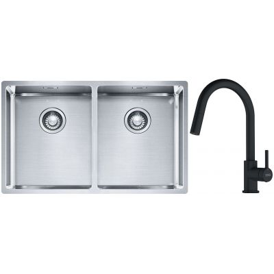 Franke Box BXX 220/120 34-34 zlewozmywak 74x45 cm stalowy z baterią kuchenną Lina czarny mat (1270370188, 1150626053)