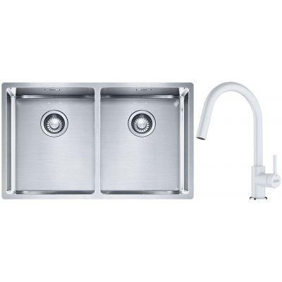 Franke Box BXX 220/120 34-34 zlewozmywak 74x45 cm stalowy z baterią kuchenną Lina biały polarny (1270370188, 1150626081)