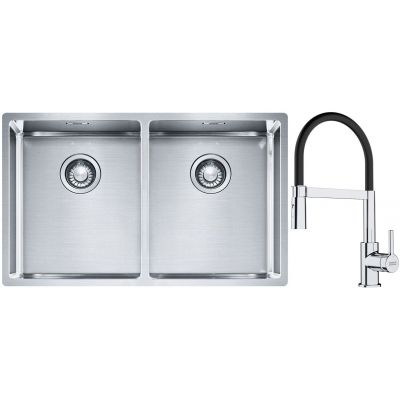 Franke Box BXX 220/120 34-34 zlewozmywak 74x45 cm stalowy z baterią kuchenną Lina chrom/czarny (1270370188, 1150626085)