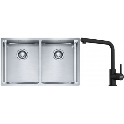 Franke Box BXX 220/120 34-34 zlewozmywak 74x45 cm stalowy z baterią kuchenną Lina czarny mat (1270370188, 1150712435)