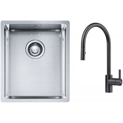 Franke Box BXX 210/110-34 zlewozmywak 38x45 cm stalowy z baterią kuchenną Eos czarna stal szlachetna (1270453653, 1150613671)
