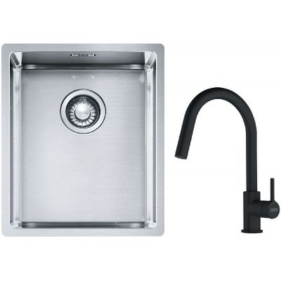Franke Box BXX 210/110-34 zlewozmywak 38x45 cm stalowy z baterią kuchenną Lina czarny mat (1270453653, 1150626053)