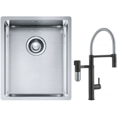 Franke Box BXX 210/110-34 zlewozmywak 38x45 cm stalowy z baterią kuchenną Vital Semi-Pro czarny mat/stal (1270453653, 1200621313)