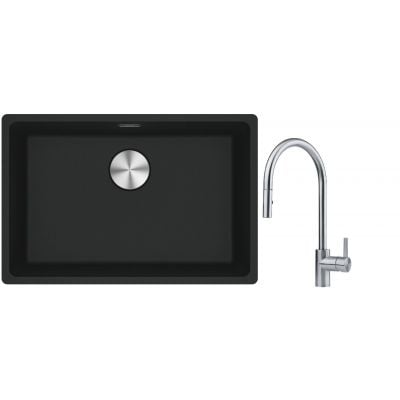 Franke Maris MRG 110-62 zlewozmywak 62x40 cm Fragranite czarny mat z baterią kuchenną Eos stal szlachetna (1250687256, 1150590045)