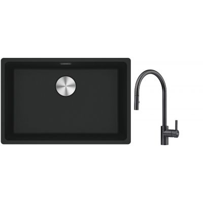Franke Maris MRG 110-62 zlewozmywak 62x40 cm Fragranite czarny mat z baterią kuchenną Eos czarna stal szlachetna (1250687256, 1150613671)