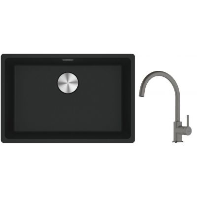 Franke Maris MRG 110-62 zlewozmywak 62x40 cm Fragranite czarny mat z baterią kuchenną Lina kamienny szary (1250687256, 1150626022)