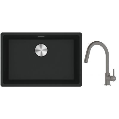 Franke Maris MRG 110-62 zlewozmywak 62x40 cm Fragranite czarny mat z baterią kuchenną Lina kamienny szary (1250687256, 1150626057)