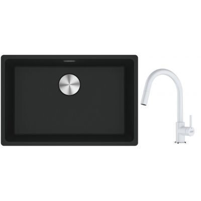 Franke Maris MRG 110-62 zlewozmywak 62x40 cm Fragranite czarny mat z baterią kuchenną Lina biały polarny (1250687256, 1150626081)