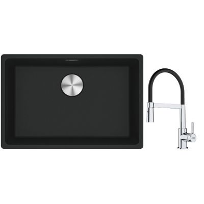 Franke Maris MRG 110-62 zlewozmywak 62x40 cm Fragranite czarny mat z baterią kuchenną Lina chrom/czarny (1250687256, 1150626085)