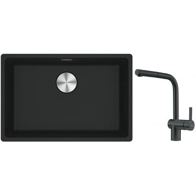 Franke Maris MRG 110-52 zlewozmywak 52x40 cm Fragranite czarny mat z baterią kuchenną Atlas czarna stal szlachetna (1250687252, 1150550427)