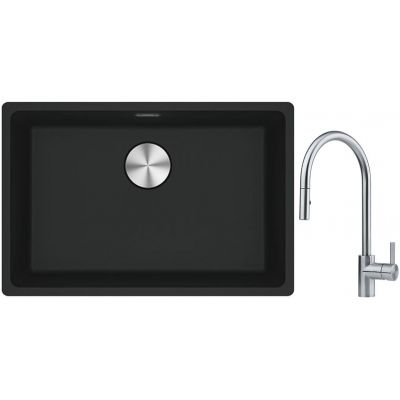 Franke Maris MRG 110-52 zlewozmywak 52x40 cm Fragranite czarny mat z baterią kuchenną Eos stal szlachetna (1250687252, 1150590045)