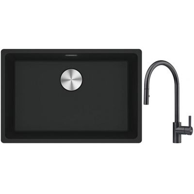 Franke Maris MRG 110-52 zlewozmywak 52x40 cm Fragranite czarny mat z baterią kuchenną Eos czarna stal szlachetna (1250687252, 1150613671)