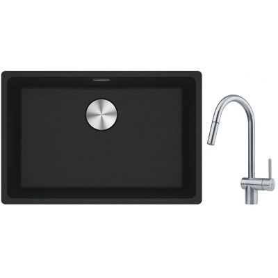 Franke Maris MRG 110-52 zlewozmywak 52x40 cm Fragranite czarny mat z baterią kuchenną Leda Neo stal szlachetna (1250687252, 1150590047)