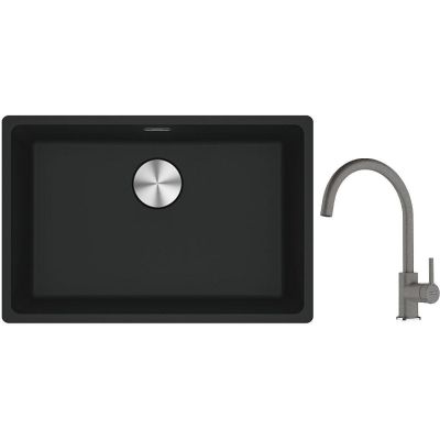 Franke Maris MRG 110-52 zlewozmywak 52x40 cm Fragranite czarny mat z baterią kuchenną Lina kamienny szary (1250687252, 1150626022)