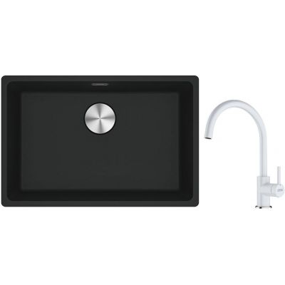 Franke Maris MRG 110-52 zlewozmywak 52x40 cm Fragranite czarny mat z baterią kuchenną Lina biały polarny (1250687252, 1150626024)