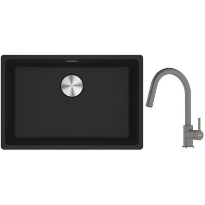 Franke Maris MRG 110-52 zlewozmywak 52x40 cm Fragranite czarny mat z baterią kuchenną Lina kamienny szary (1250687252, 1150626057)