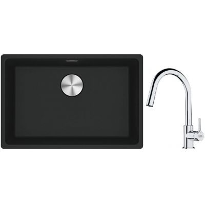 Franke Maris MRG 110-52 zlewozmywak 52x40 cm Fragranite czarny mat z baterią kuchenną Lina chrom (1250687252, 1150693229)