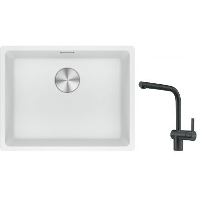 Franke Maris MRG 110-52 zlewozmywak 52x40 cm Fragranite biały polarny z baterią kuchenną Atlas czarna stal szlachetna (1250687255, 1150550427)