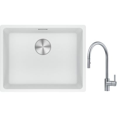 Franke Maris MRG 110-52 zlewozmywak 52x40 cm Fragranite biały polarny z baterią kuchenną Eos stal szlachetna (1250687255, 1150590045)