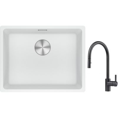 Franke Maris MRG 110-52 zlewozmywak 52x40 cm Fragranite biały polarny z baterią kuchenną Eos czarna stal szlachetna (1250687255, 1150613671)