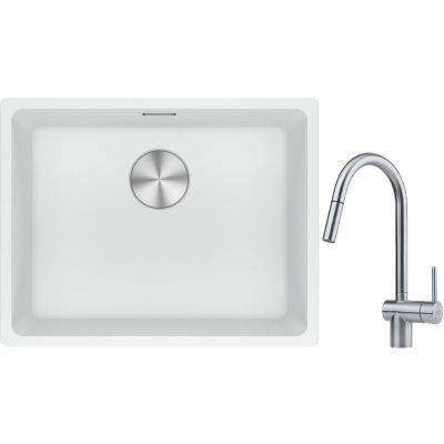 Franke Maris MRG 110-52 zlewozmywak 52x40 cm Fragranite biały polarny z baterią kuchenną Leda Neo stal szlachetna (1250687255, 1150590047)