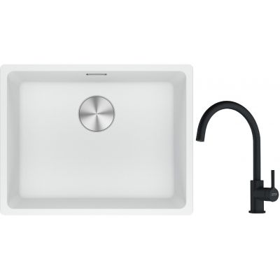 Franke Maris MRG 110-52 zlewozmywak 52x40 cm Fragranite biały polarny z baterią kuchenną Lina czarny mat (1250687255, 1150626019)