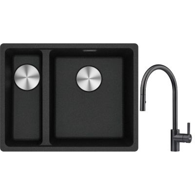 Franke Maris MRG 160-34-15 zlewozmywak 55x43 cm Fragranite onyx z baterią kuchenną Eos czarna stal szlachetna (1250687269, 1150613671)