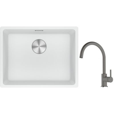 Franke Maris MRG 110-52 zlewozmywak 52x40 cm Fragranite biały polarny z baterią kuchenną Lina kamienny szary (1250687255, 1150626022)
