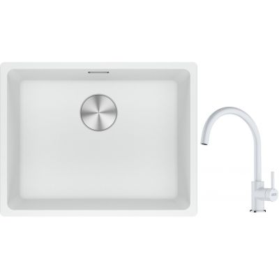 Franke Maris MRG 110-52 zlewozmywak 52x40 cm Fragranite biały polarny z baterią kuchenną Lina biały polarny (1250687255, 1150626024)