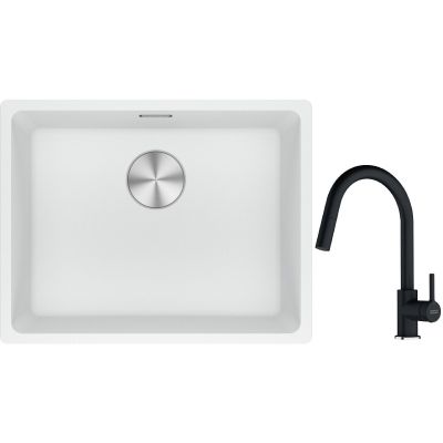 Franke Maris MRG 110-52 zlewozmywak 52x40 cm Fragranite biały polarny z baterią kuchenną Lina onyx (1250687255, 1150626055)