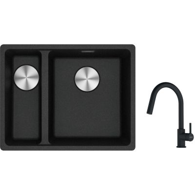 Franke Maris MRG 160-34-15 zlewozmywak 55x43 cm Fragranite onyx z baterią kuchenną Lina czarny mat (1250687269, 1150626053)