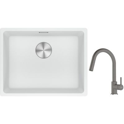 Franke Maris MRG 110-52 zlewozmywak 52x40 cm Fragranite biały polarny z baterią kuchenną Lina kamienny szary (1250687255, 1150626057)