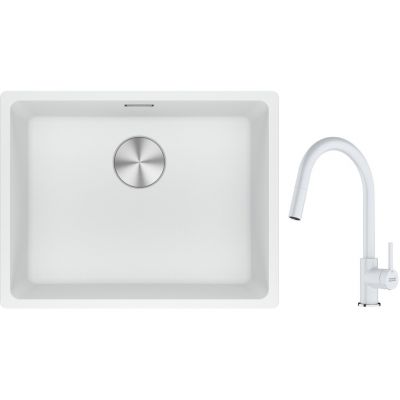 Franke Maris MRG 110-52 zlewozmywak 52x40 cm Fragranite biały polarny z baterią kuchenną Lina biały polarny (1250687255, 1150626081)