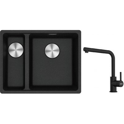 Franke Maris MRG 160-34-15 zlewozmywak 55x43 cm Fragranite onyx z baterią kuchenną Lina czarny mat (1250687269, 1150712435)