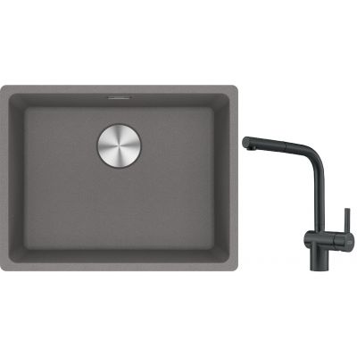 Franke Maris MRG 110-52 zlewozmywak 55x43 cm Fragranite kamienny szary z baterią kuchenną Atlas czarna stal szlachetna (1250687254, 1150550427)