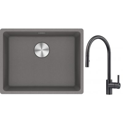 Franke Maris MRG 110-52 zlewozmywak 55x43 cm Fragranite kamienny szary z baterią kuchenną Eos czarna stal szlachetna (1250687254, 1150613671)