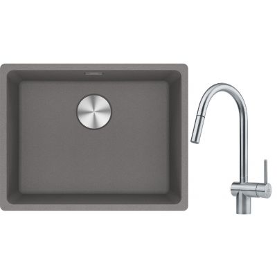 Franke Maris MRG 110-52 zlewozmywak 55x43 cm Fragranite kamienny szary z baterią kuchenną Leda Neo stal szlachetna (1250687254, 1150590047)