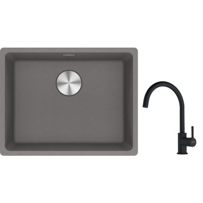 Franke Maris MRG 110-52 zlewozmywak 55x43 cm Fragranite kamienny szary z baterią kuchenną Lina czarny mat (1250687254, 1150626019)